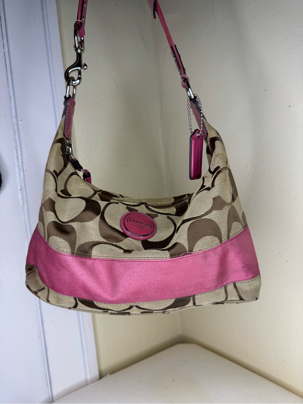 Coach vintage Carly Khaki Signature Canvas Hobo with Pink Trim
